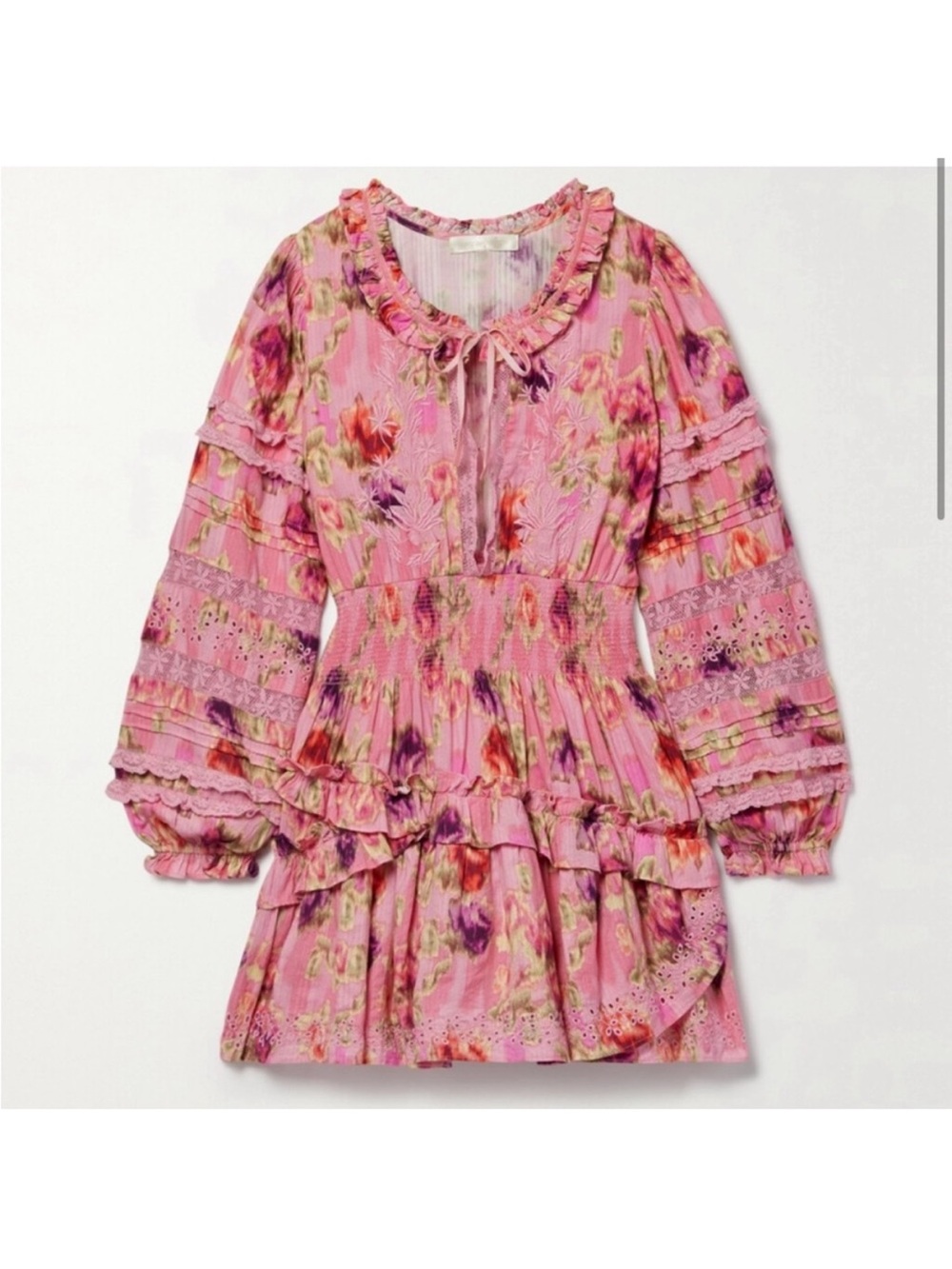 Love Shack Fancy pink floral summer mini dress Clarkie Dress in Wild Pink Rose M